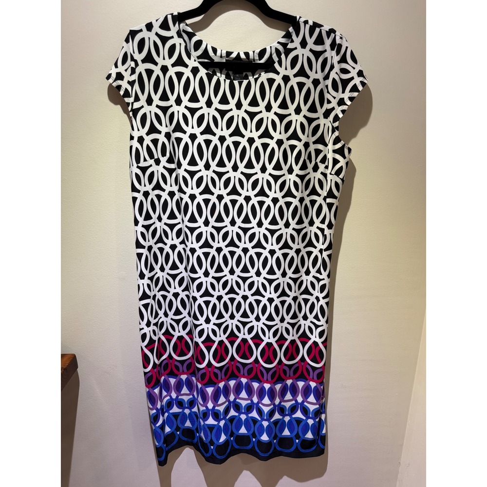 Liz Claiborne Geometric Chain Print Cap Sleeve Sheath Dress XL Black White Blue